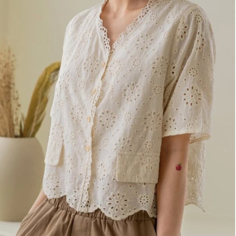 DAZY Eyelet Embroidery Button Front Blouse